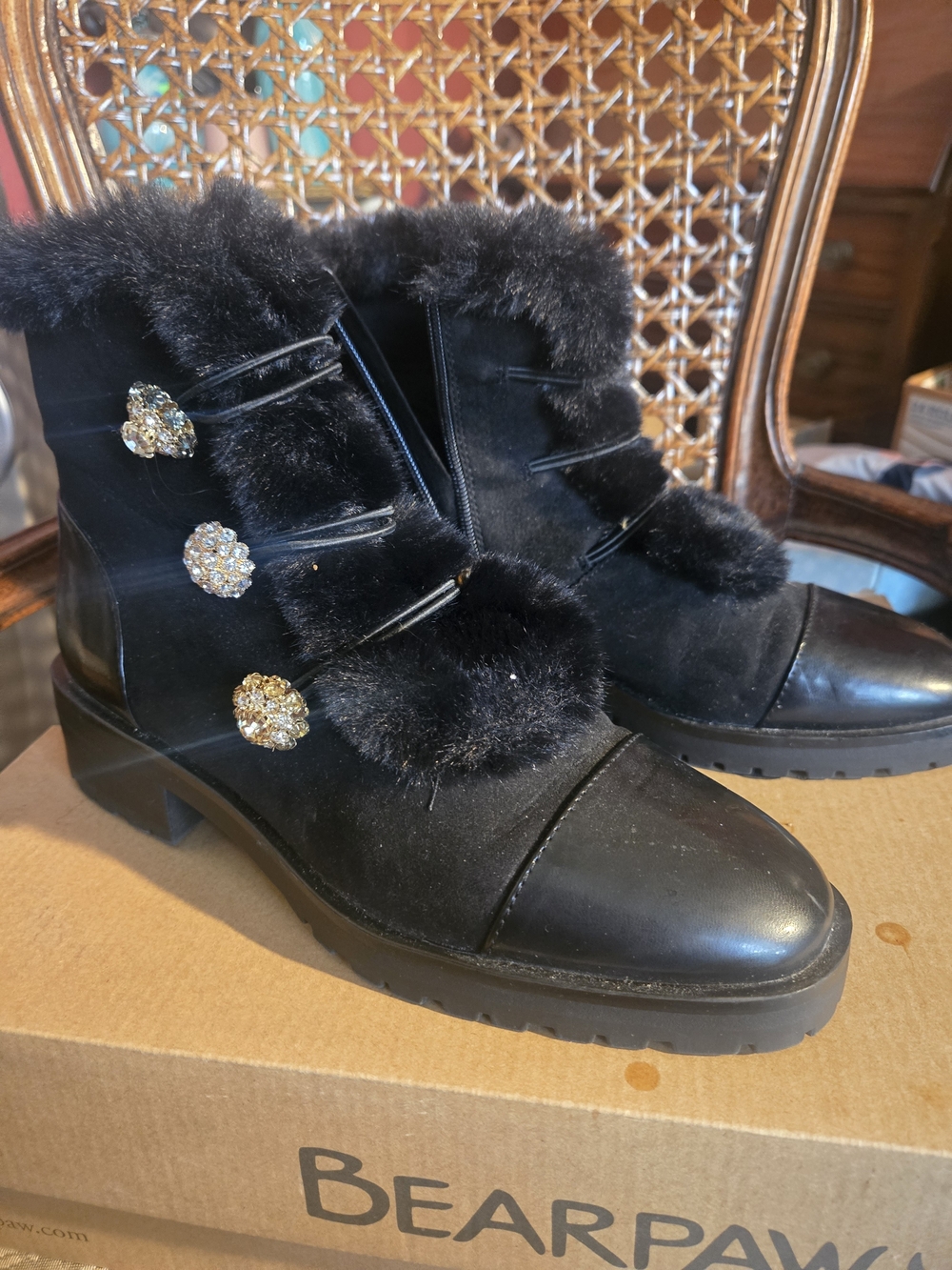 Nanette Lepore Black Faux Fur & Jeweled Button Ankle Boots